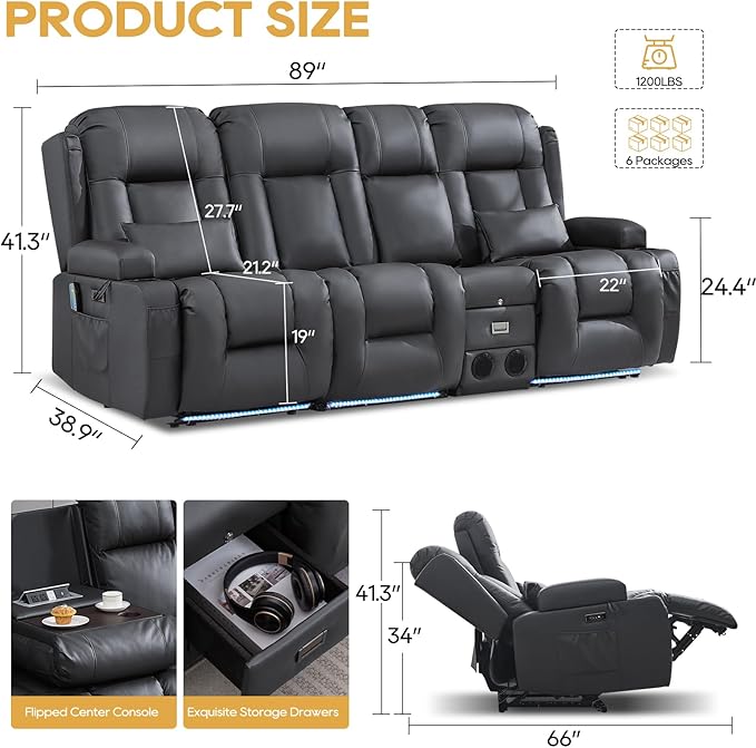 IPKIG Power Recliner Sofa with Flip-Up Backrest Console, USB & USB-C Ports, AC Outlet, LED Lights, Wall Hugger Recliners for Living Room, RV (PU Grey, 89" - 4 Seat) | Faux Leather, Zero Gravity, Dual Reclining, 2 Lumabr Pillow, Bluetooth Speakers