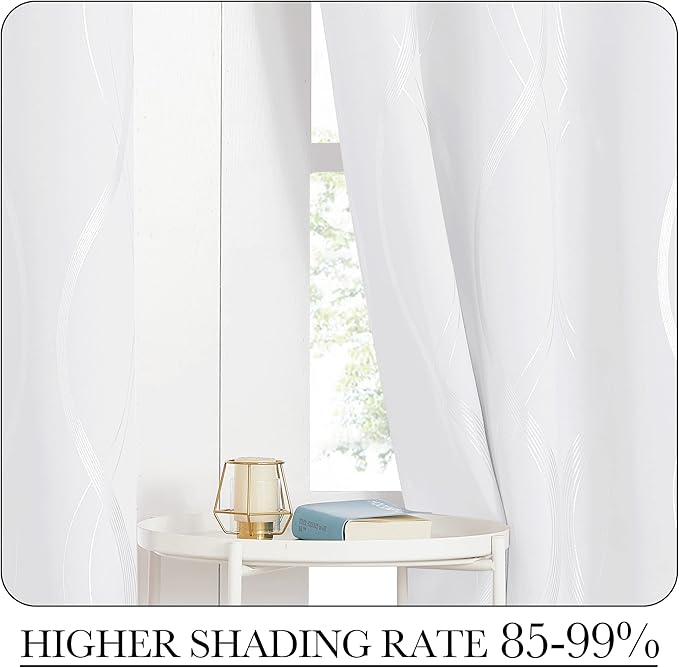 NICETOWN White Curtains Panels for Bedroom 2 Panles Set, 52 inch x 84 inch, Wave Line Foil Print Design Curtains for Patio Sliding Door