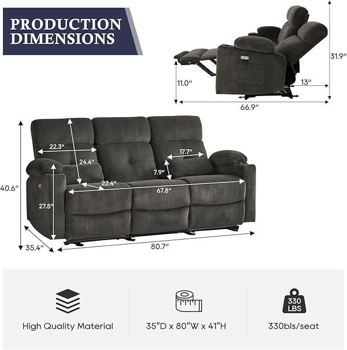 80'' Power Reclining Sofa with Heat and Massage, Electric Reclining Couch with Extended Footrest, Wall Hugger 3-Seater Recliner Sofa with USB Ports, Cup Holders for Living Room