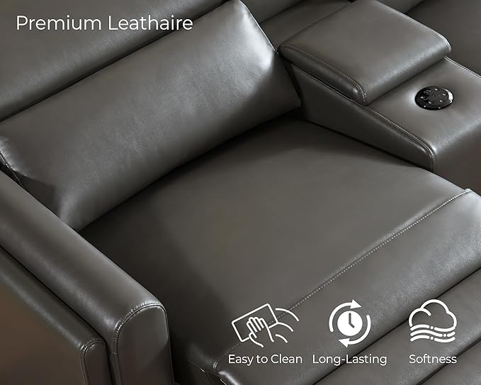 Jocisland Dual Power Recliner, Oversized 5-Seater Sofa with Console, 3 Bluetooth Speakers & Hidden Storage, Modern L Shaped Reclining Couch with 6 Charging Ports - Dark Gray Leathaire