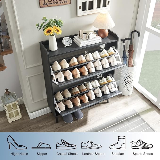 Shoe Storage Cabinet with 2 Flip Drawers, Farmhouse Hidden Shoe Organizer, Narrow Slim Shoe Rack Cabinet for Entryway Hallway,Black