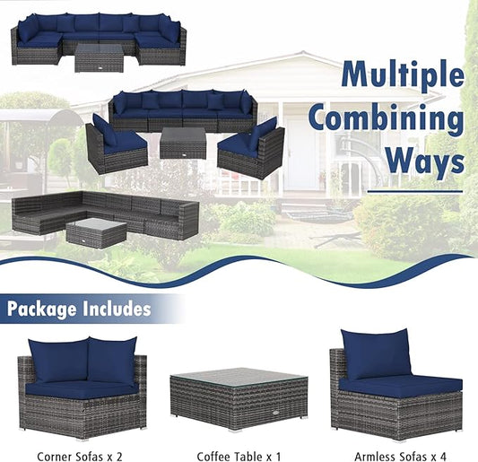 Tangkula 7 Piece Patio Wicker Furniture Set, Outdoor Rattan Sectional Sofa Set for 6 with Seat & Back Cushions, 2 Throw Pillows, Sofa Fastener Clips, for Backyard, Poolside, Deck and Garden (Navy)