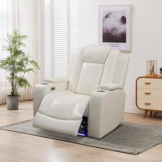 Power Recliner Sofa Set with LED, Breathing Leather Living Room Set 3 Piece, Reclining Couch and Two Chair with USB Port&Storage Console (Cream White, Upgared)