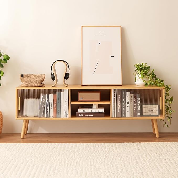 Bamboo TV Stand Entertainment Center- Mid-Century Modern Television Stand for 55-65 inch TVs, Bamboo Media Console Table, Open Storage Shelves for Living Room, Bedroom and Home Decor