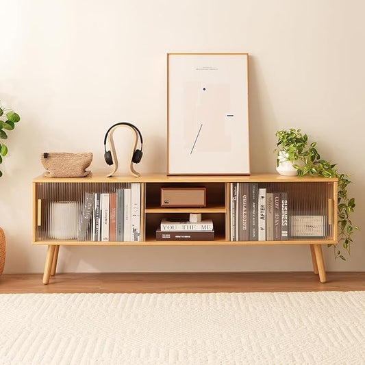 Bamboo TV Stand Entertainment Center- Mid-Century Modern Television Stand for 55-65 inch TVs, Bamboo Media Console Table, Open Storage Shelves for Living Room, Bedroom and Home Decor