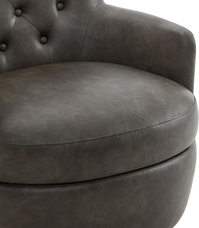 Watson & Whitely Swivel Barrel Accent Chair, Tufted Upholstered Arm Chair for Living Room and Bedroom, Faux Leather in Dark Grey