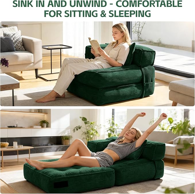 Folding Sofa Bed Chair with Armrests, Convertible Futon Couch Sleeper Chair for Adults, Fold Out Boneless Chair Bed, Foldable Sofa Lounge for Small Spaces, with Pillow, Green