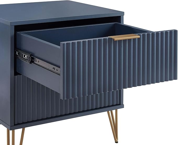 Manhattan Comfort Dumbo Fluted Nightstand with 2 Drawers, Gold Metal Legs and Metal Handles, Snap Tool-Free Assembly, Modern Bedside Accent Table with Storage for Bedroom, Living Room in Midnight Blue