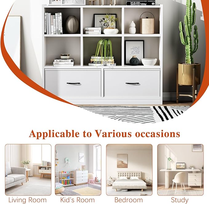 Cube Bookshelf Storage Organizer Bookcase,8 Cube Open Mid-Centur Shelf,Freestanding Display Bookshelve, Modern Wide Toy Shelf with Drawers for Bedroom Living Room Office(White)