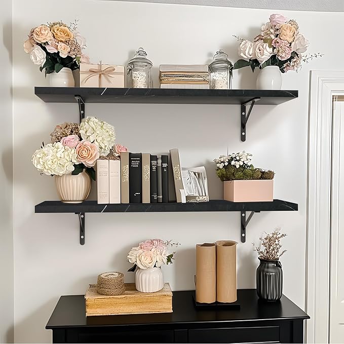 Kaboon 27 inch Long 10 inch Deep Floating Shelves for Wall Set of 2, Large Open Shelves Wall Mounted, Space Saving Home and Commercial Use, Cloud Atlas/Black Marble