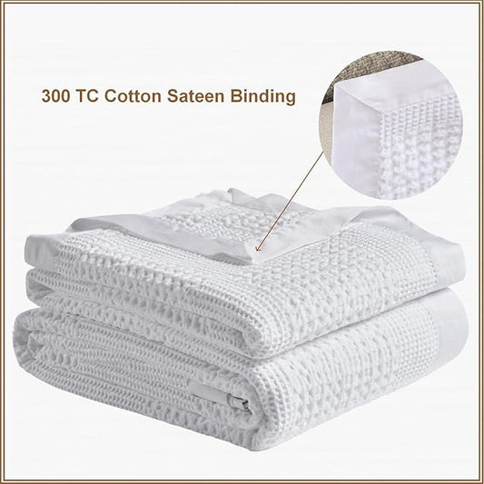 meadow park Cotton Waffle Blanket with Cotton Sateen Binding - Full/Queen Size - Lightweight and Breathable - Washed Waffle Throw - White Color.