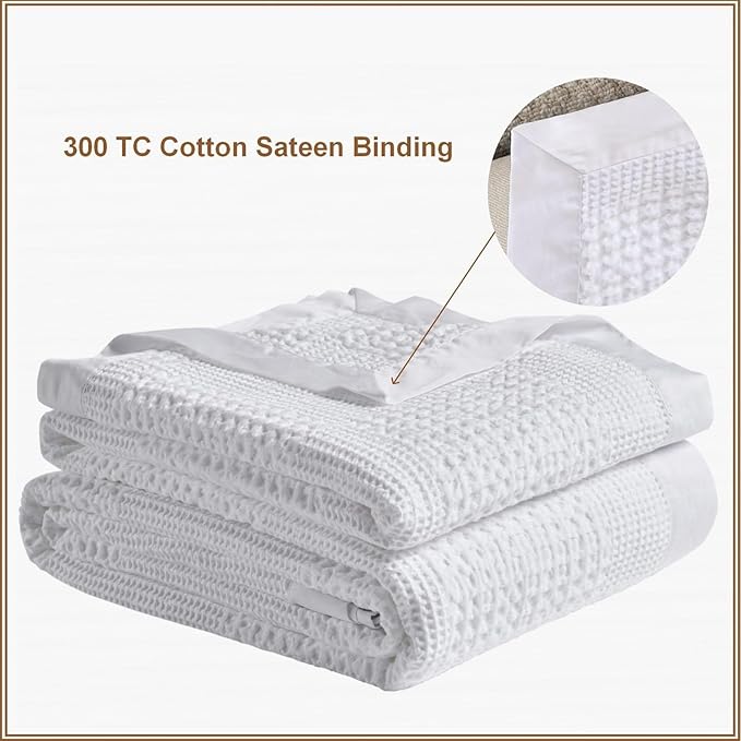 meadow park Cotton Waffle Blanket with Cotton Sateen Binding - King Size - Lightweight and Breathable - Washed Waffle Throw - White Color.