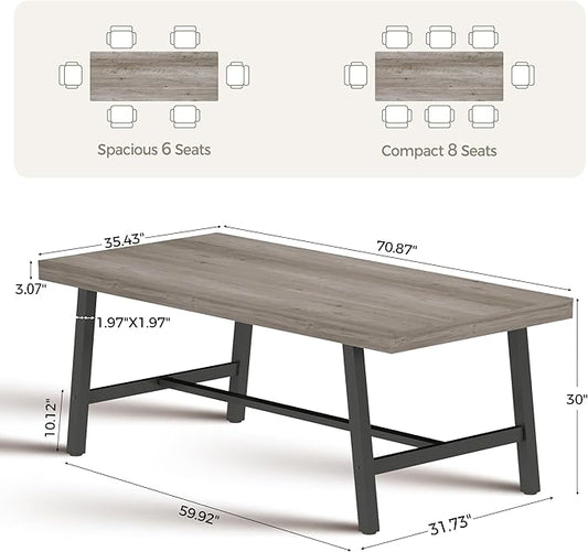 70 Inch Farmhouse Dining Table for 6 to 8, Large Rectangular Dinner Table for Dining Room, Home Office, Living Room, Gray