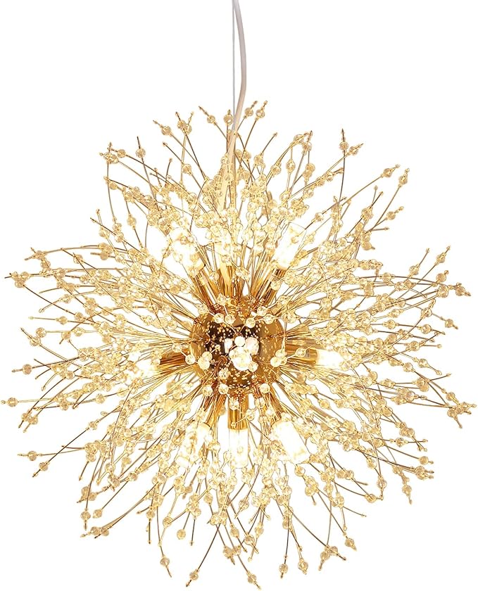 Depuley Modern Firework Gold Crystal Chandeliers, 9-Light Sputnik Dandelion Chandelier Light Fixture Pendant Lighting for Dining Room, Living Room, Bedroom, Kitchen, Restaurant(G9 Bulbs not Included)