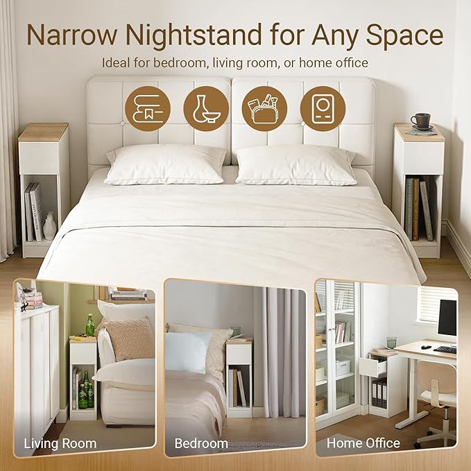 SoBuy Set of 2 Nightstand Narrow Night Stand Modern Design Bedside Furniture Slim End Table Storage Cabinet with Sliding Drawer and Open Compartment, White & Natural FBT111-WNX2