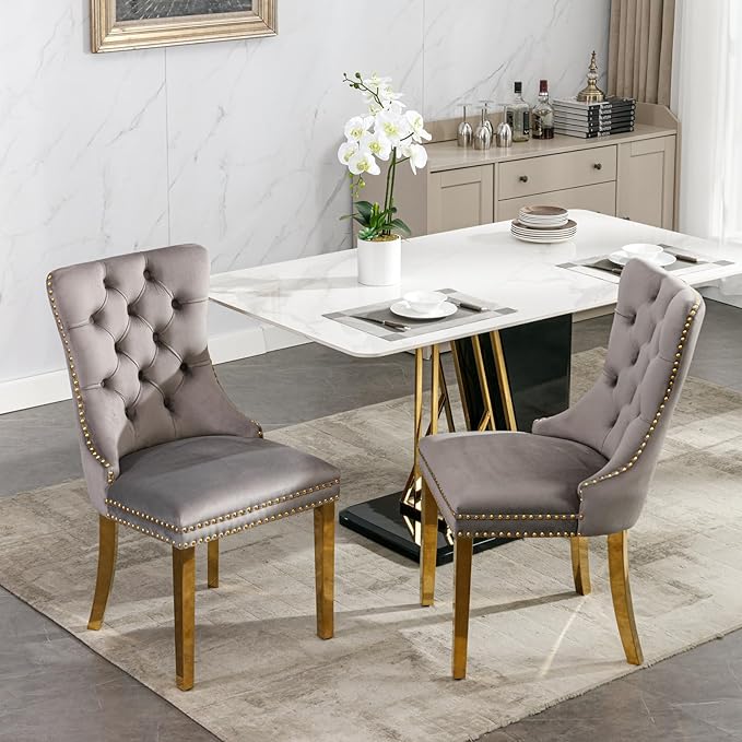 Solid Wood Velvet Upholstered Dining Chair with Golden Stainless Steel Plating Legs,Contemporary Design W/Nailhead Trim,Set of 2,for Living Room,Apartment,Gray and Gold