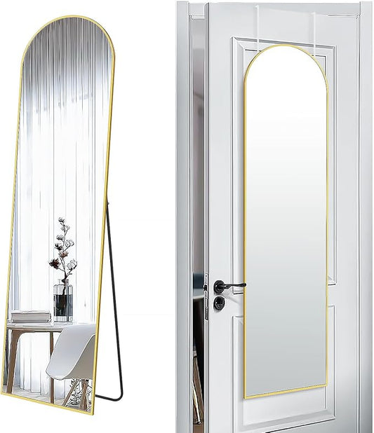 57x16 Door Hanging Full Length Mirror, Floor Stand (Height 5.7ft just Body in1.3ft) / Wall Mounted Metal Frame Arch Dressing Mirrors for Bedroom Living Room 57 inch Gold
