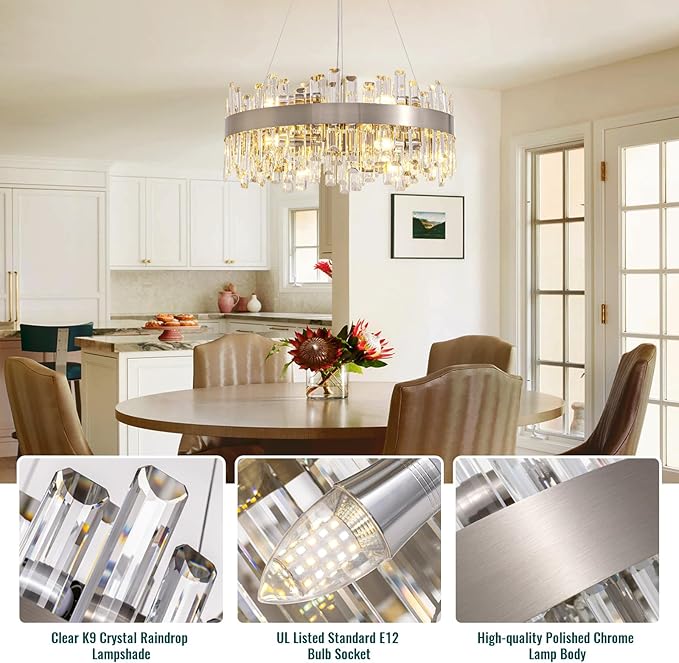 Siljoy 23.6 Inch Modern Crystal Chandelier, Luxury 2-Tiers K9 Crystal Raindrop Chandelier, Dimmable Crystal Pendant Ceiling Light for Dining Room Kitchen Island Entryway Foyer, E12 x 12