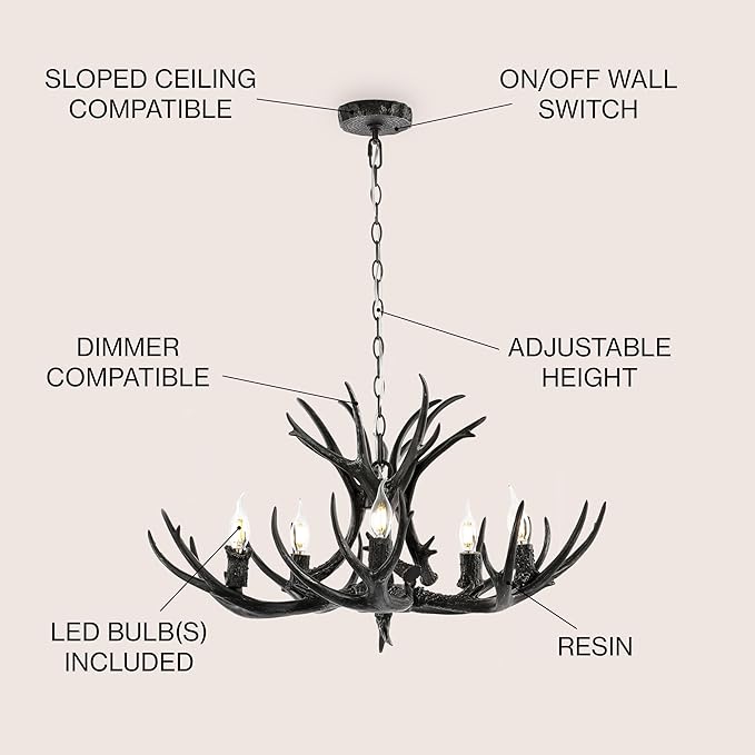 JONATHAN Y 26" Black Rustic Resin Antler 4-Light LED Chandelier, Farmhouse Faux Deer Horn Hanging Ceiling Light for Dining Room, Kitchen Island, Adjustable Light Fixture (JYL6300C)