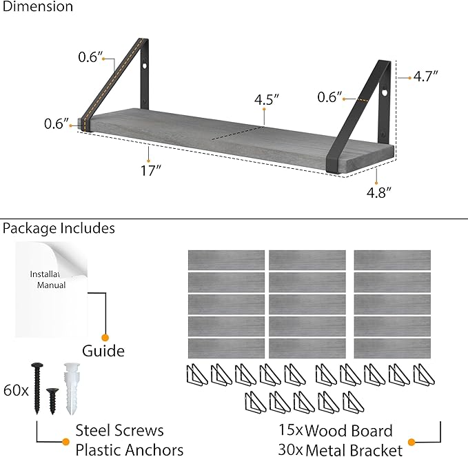 Wallniture Ponza 17'' x 4.5'' Floating Wall Shelf Bathroom, Small Wood Book Shelves for Wall Storage, Wall Mounted Shelf, Dining Room, Bedroom, Living Room, Office & Kitchen Organization, Gray, 15pcs