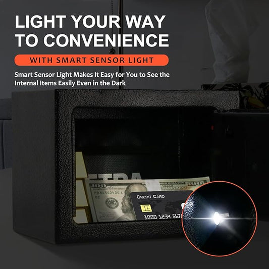 Bostra Fireproof Safe Box with Sensor Light & Fireproof Bag, Money Safe Box with Digital Keypad,Security Safe Box for Home, 0.23 Cubic Small Safe with Keys & Pass Code for Cash Jewelry Black