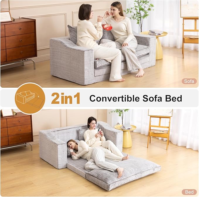 61" Convertible Sofa Bed Loveseat, Memory Foam Boneless Floor Couch with Removable Faux Fur Cover, Tri-folding Compact Full-size Sleeper for Small Living Room, Playroom, Guest Room, RV (White-Coffee) | Convertible Sofa Bed, Premium Memory Foam, Ergonom...