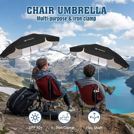 AMMSUN Chair Umbrella with Universal Clamp Adjustable 47 inches and 360° Swivel & UPF 50+ Protection Portable Sun Umbrella, Secure Clip on Camping/Beach Chairs, Stroller, Wheelchair, Golf cart, Lounger, Black, 2 PACK
