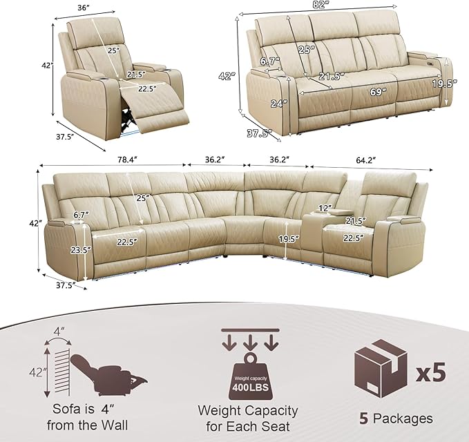 Leather Power Reclining Sectional Sofa Set with LED, Leather Sectional Recliner Couch Set with 5 Recliner Seats,Modular Sofa with USB Port,Cup Holder,Storage for Living Room Furniture