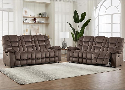 HAOMARKETS 3-Seat Manual Reclining Sofa Set of 2, Soft Fabric Recliner Couch with Padded Headrest and Armrests, 85" Wide Overstuffed 3-Seater Recliner Couches for Living Room, Brown