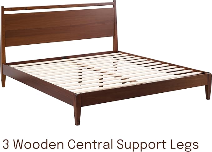 NTC Adept Wooden Bed Frame with Headboard, Crafted from Walnut, Rubber Wood with Silent Slats and Wood Central Supports, 1000 Lb Capacity, Effortless Assembly, King - Dark Walnut