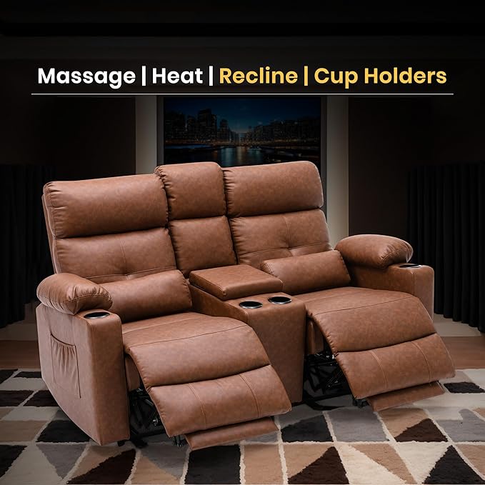 GUEAPY 68" Power Reclining Loveseat with Heat & Massage, Wall Hugger Double Reclining Sofa with Console, Cup Holders & Storage, Power Reclining Couch for Camper, Trailer, RV, Home Theater Living Room