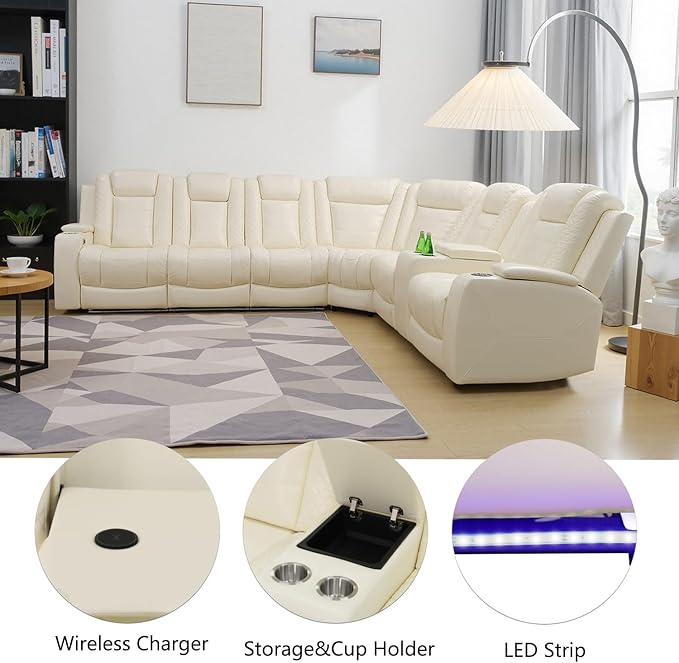 Power Recliner Sectional Sofa with LED Light, Breathing Leather Recliner Sofa Couch with USB Port/Cup Holder/Storage for Living Room (6 Seat Reclining Sectional Couch, Cream White)