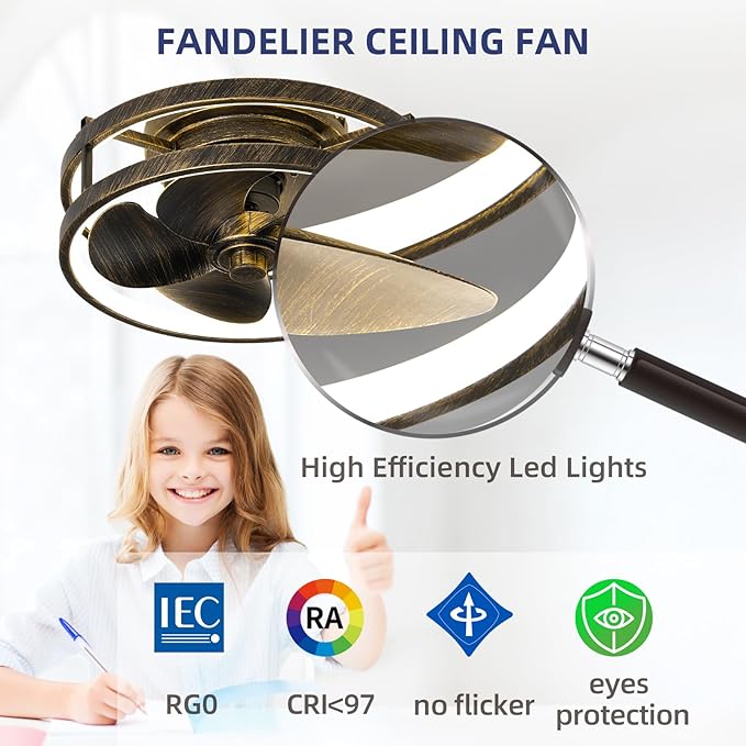 Small Ceiling Fans with Lights with Remote 13" Low Profile Flush Mount Modern Fandalier LED Smart Light Fan,Modern Lighting Fans for Bedroom Living Room (Black Golden)