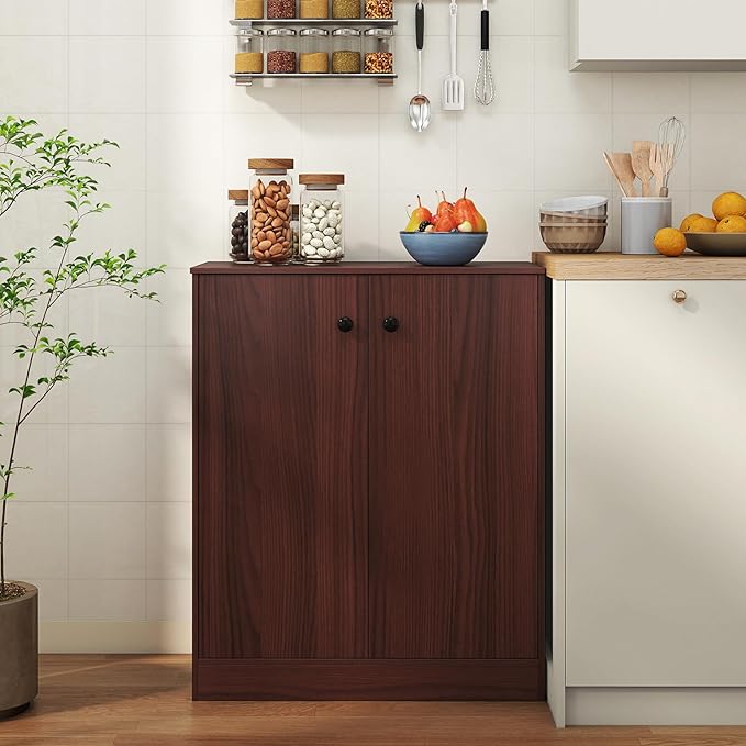 Giantex 2 Door Storage Base Cabinet - Freestanding Floor Cabinet with 3-Tier Shelf, Non-Slip Foot Pads, Kitchen Cupboard Storage Organizer for Living Room, Hallway, Entryway, Office (Brown)