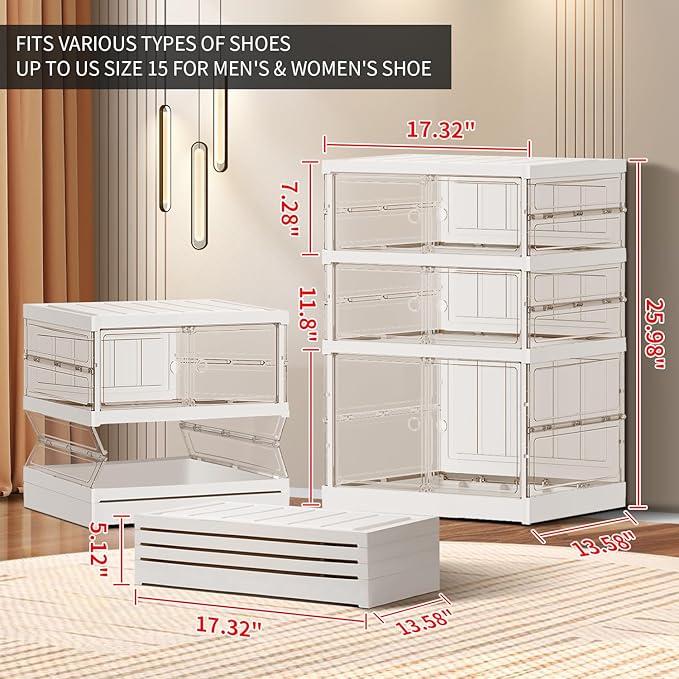 3-Tier Foldable Shoe Rack for Closet Entryway 3-6Pairs,Stackable Clear Shoe Storage Boxes Organizer with Door Plastic Shoe Cabinet Bins with Lids Shoes Shelf Easy Assembly Large White