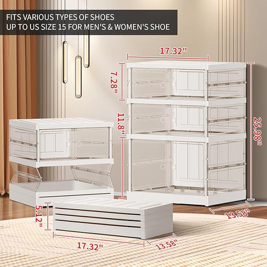 3-Tier Foldable Shoe Rack for Closet Entryway 3-6Pairs,Stackable Clear Shoe Storage Boxes Organizer with Door Plastic Shoe Cabinet Bins with Lids Shoes Shelf Easy Assembly Large White