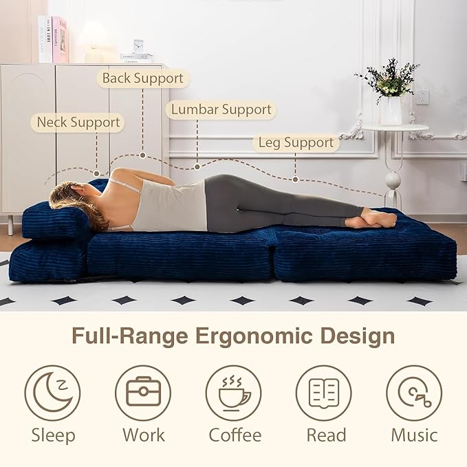 Folding Sofa Bed, Folding Chair Bed with Pillow, Convertible Lazy Sofa Bed with High-Density Support Foam, Fold Out Chair for Small Spaces Living Room Bedroom, Navy Blue