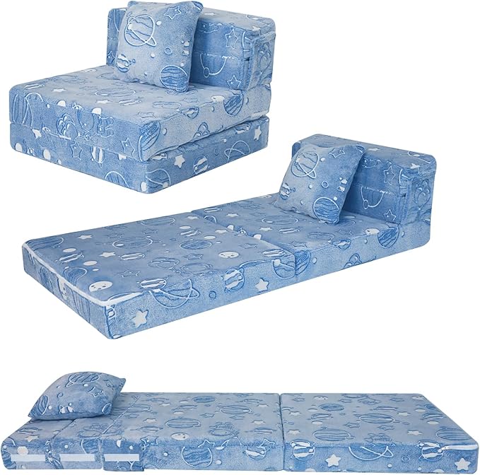 MeMoreCool Glow Space-Themed Tri-fold Sofa Bed for Kids, Foldable Futon Chair and Floor Couch with Planets and Stars for Playroom