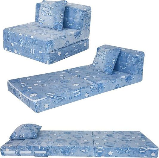 MeMoreCool Glow Space-Themed Tri-fold Sofa Bed for Kids, Foldable Futon Chair and Floor Couch with Planets and Stars for Playroom