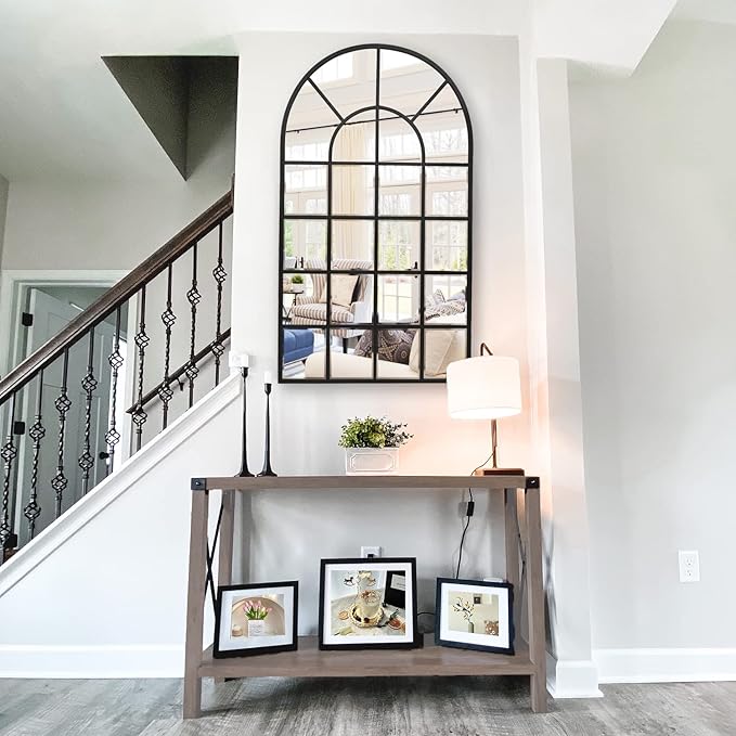 Black Arched Window Mirror, Large Window Pane Mirror with Beveled, Metal Framed Windowpane Mirrors, 28.5" X 50" Arched Wall Mirrors for Wall Decor, Entryway, Living Room
