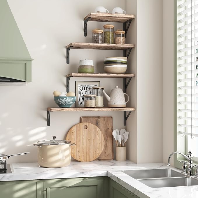 YGEOMER 4 Pack Wall Shelves Floating Shelves for Bedroom, Bathroom Storage, Living Room and Kitchen Farmhouse Decor(Different Sizes)