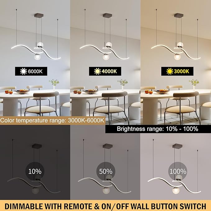 Modern LED Globe Pendant Light, 39in Dimmable Black Hanging Chandelier Light Fixture, 2-Wave Kitchen Pendant Lighting Over Island, Dining Room Lights Ceiling Hanging Over Table (2-Bulb)