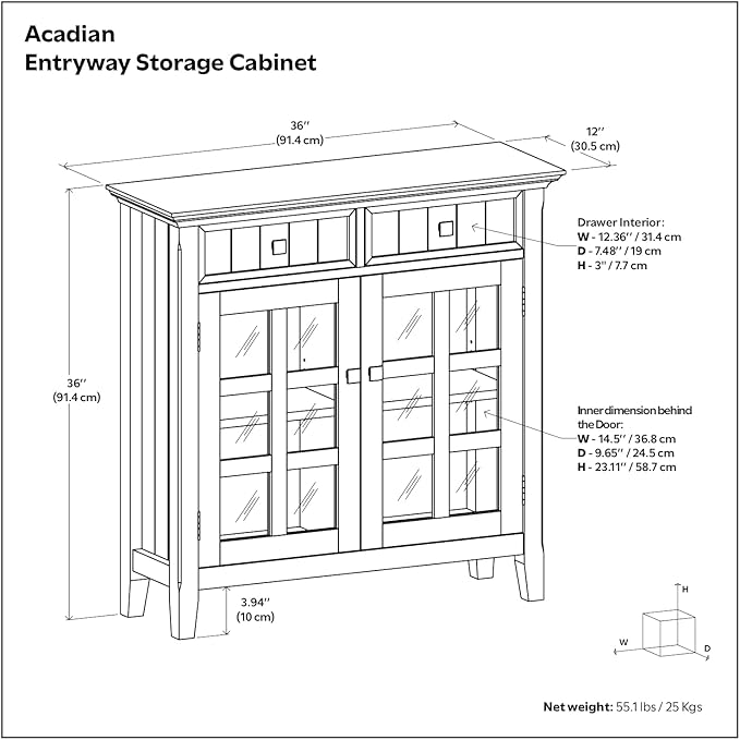 SIMPLIHOME Acadian Storage Cabinet - 36 inch Wide Solid Wood Entryway Storage Cabinet in Natural Aged Brown, Transitional Cabinet for Hallway or Living Room with 2 Drawers and Adjustable Shelves
