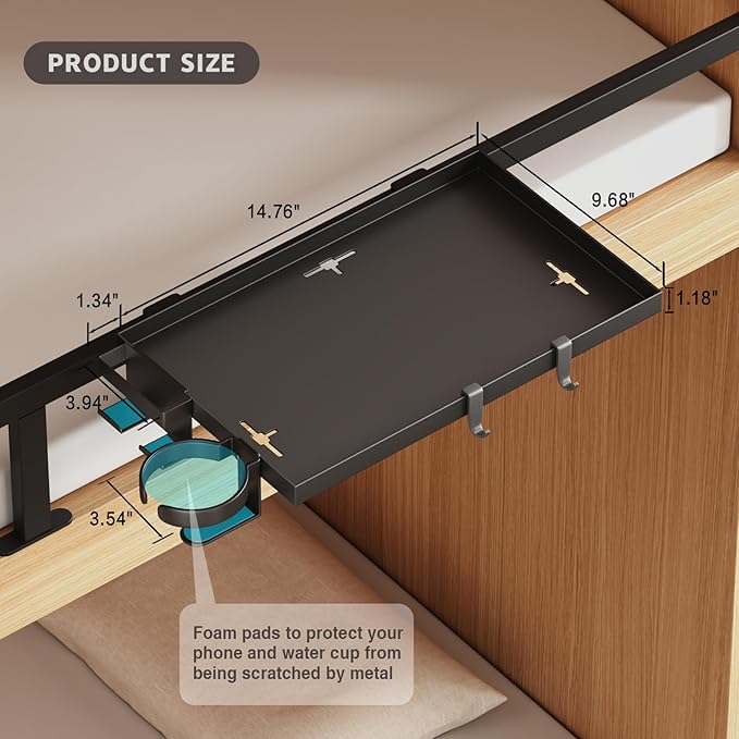 Bedside Shelf Foldable, Metal Clip-On Bed Shelf for Top Bunk Heavy Duty Bed Side Table Tray for College Dorm Essentials, Loft Nightstand Organizer Tray with Removable Cup & Phone Holder(Black)