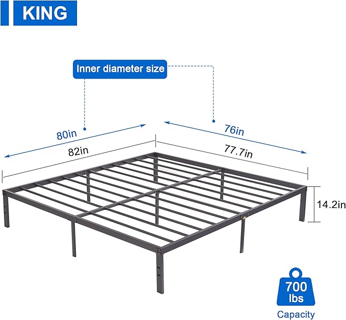 VECELO 14.2" King Size Bed Frame Metal Platform/Mattress Foundation/No Box Spring Needed