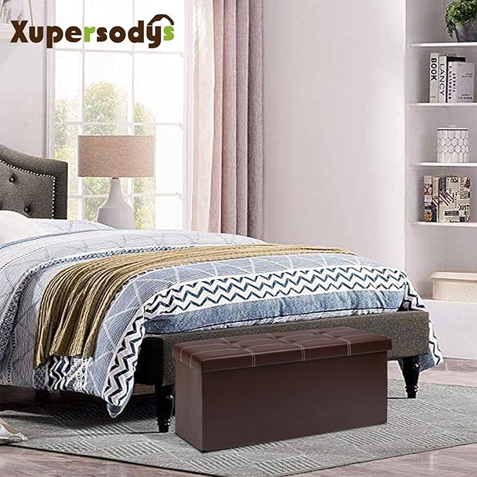 30 Inches Folding Storage Ottoman Bench, Faux Leather Footstool Ottoman, Storage Trunk Footrest for Bedroom, Living Room and Hallway, Support 350lbs, Brown (White line)