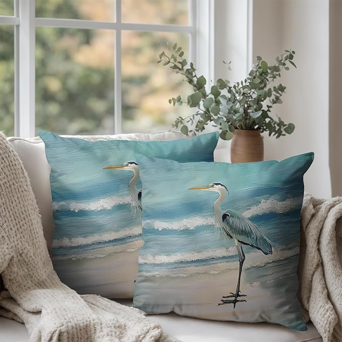 Beach Blue Pillow Covers Nautical Coastal Heron Throw Pillow Covers 16x16 Set of 2 Summer Ocean Bird Decorative Pillow Cases Outdoor Cushion Cover for Bed Sofa Couch Patio