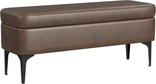 HomePop Upholstered Storage Bench with Metal Leg, 42" W, Brown PU Leather