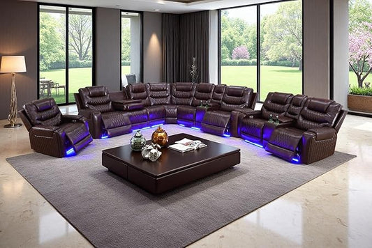 Power Breathing Leather Reclining Sofa, Power Recliner Sectional Sofa with Reading lamp/LED Light, Sectional Reclining Loveseat Couch with Hide-Away Storage for Living Room