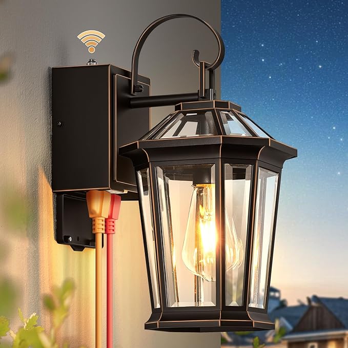 Gleamz Porch Lights Outdoor with GFCI Outlet, ORB Dusk to Dawn Outdoor Lighting with Gold Trim, Exterior Light Fixtures for House, Garden, Patio, E26 Base, 100% Aluminum Waterproof and Anti-Rust